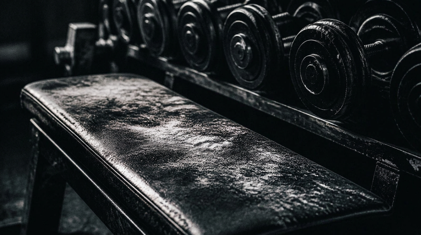 Chalk-dusted bench next to a rack of worn dumbbells